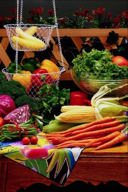 Vegetables on table and in basket